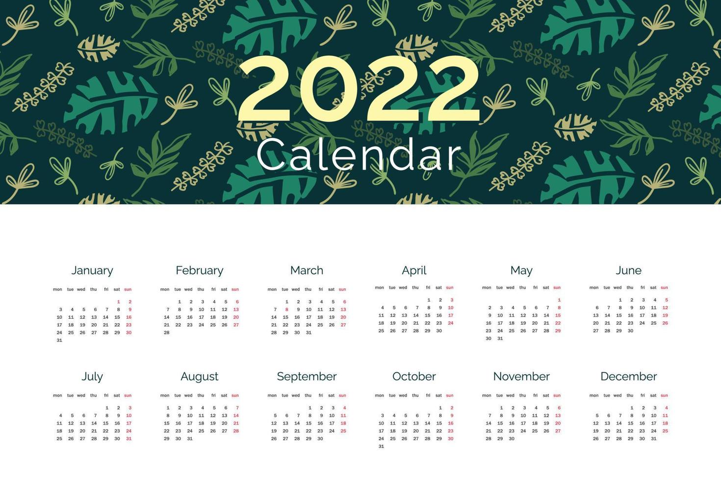 2022 calendar template set for corporate. new year calendar with plant decoration, week start from monday vector