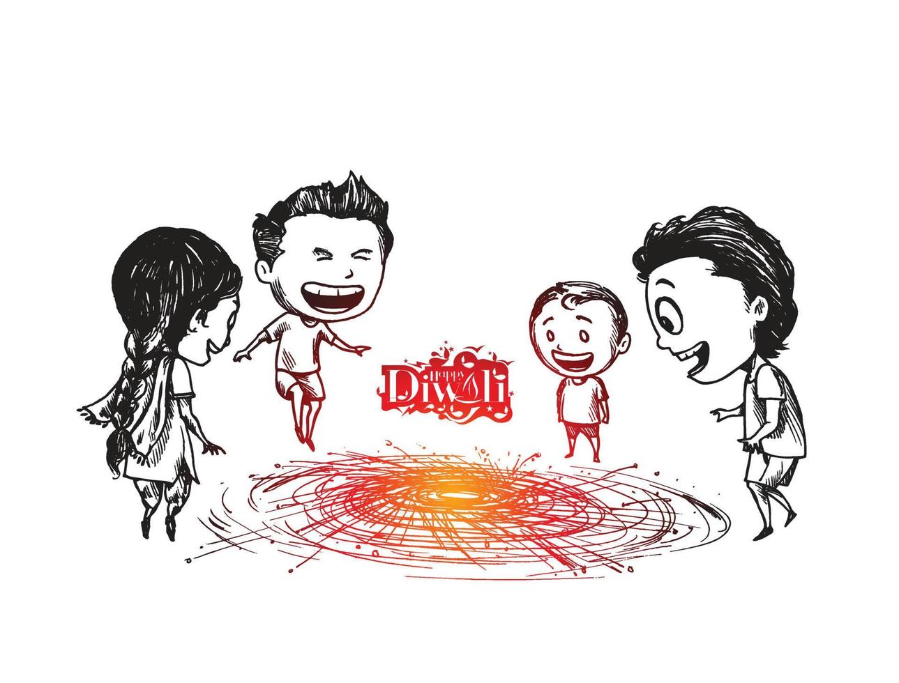 Cute indian kids enjoying firecracker celebrating Happy Diwali, Hand Drawn Sketch Vector illustration.