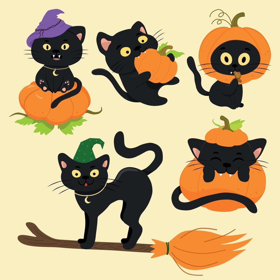 un conjunto de gatos negros vectoriales con una calabaza y una escoba para la fiesta de halloween. vector