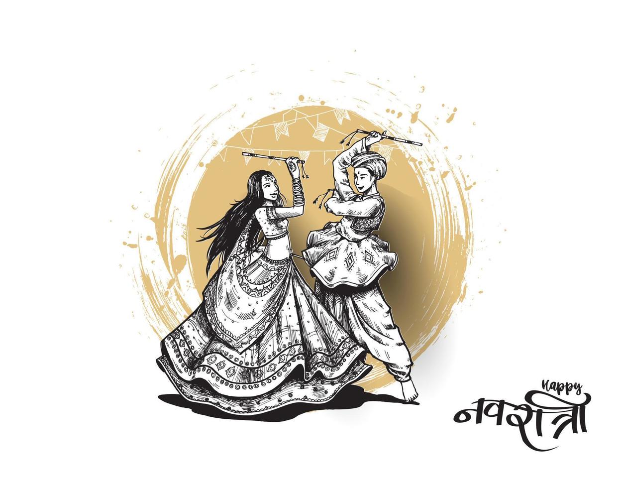 Celebre el festival navratri con vector de diseño de mujer de hombre de garba bailando, ilustración de vector dibujado a mano.
