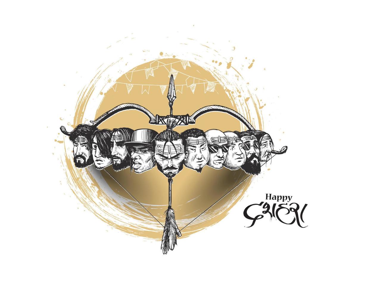 Dussehra Celebration - Ravana ten Heads with Bow and Arrow, Hand Drawn Sketch Vector illustration.