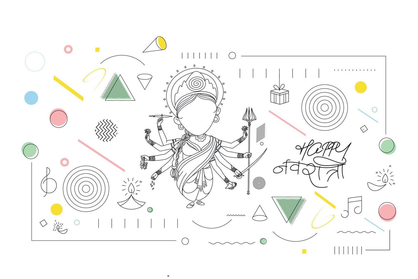 Happy Durga Puja Background Goddess Durga Hand Stylish hindi text for Hindu Festival Shubh Navratri or Durga Pooja, Hand Drawn line art Vector illustration.