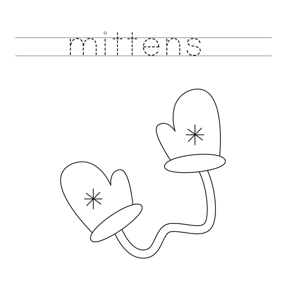 Trace the letters and color mittens. Handwriting practice for kids. vector