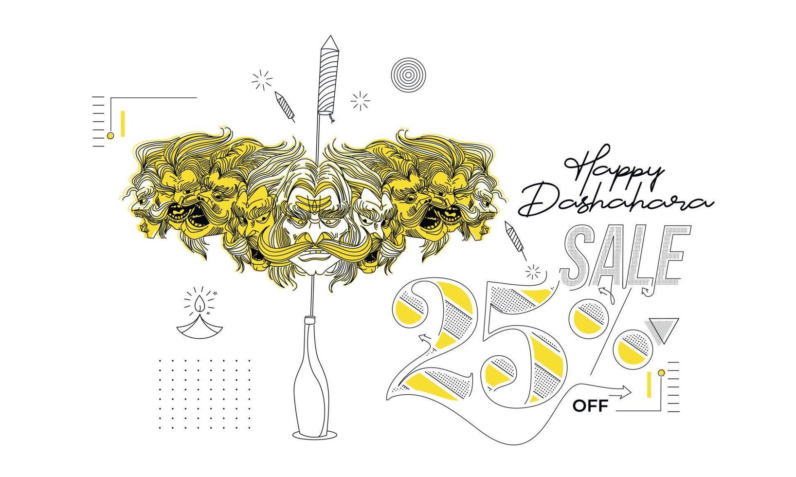 Abstract Rocket firecrackers in a pot with Ravana ten heads with text Happy Dussehra - Poster Banner Vector Design.