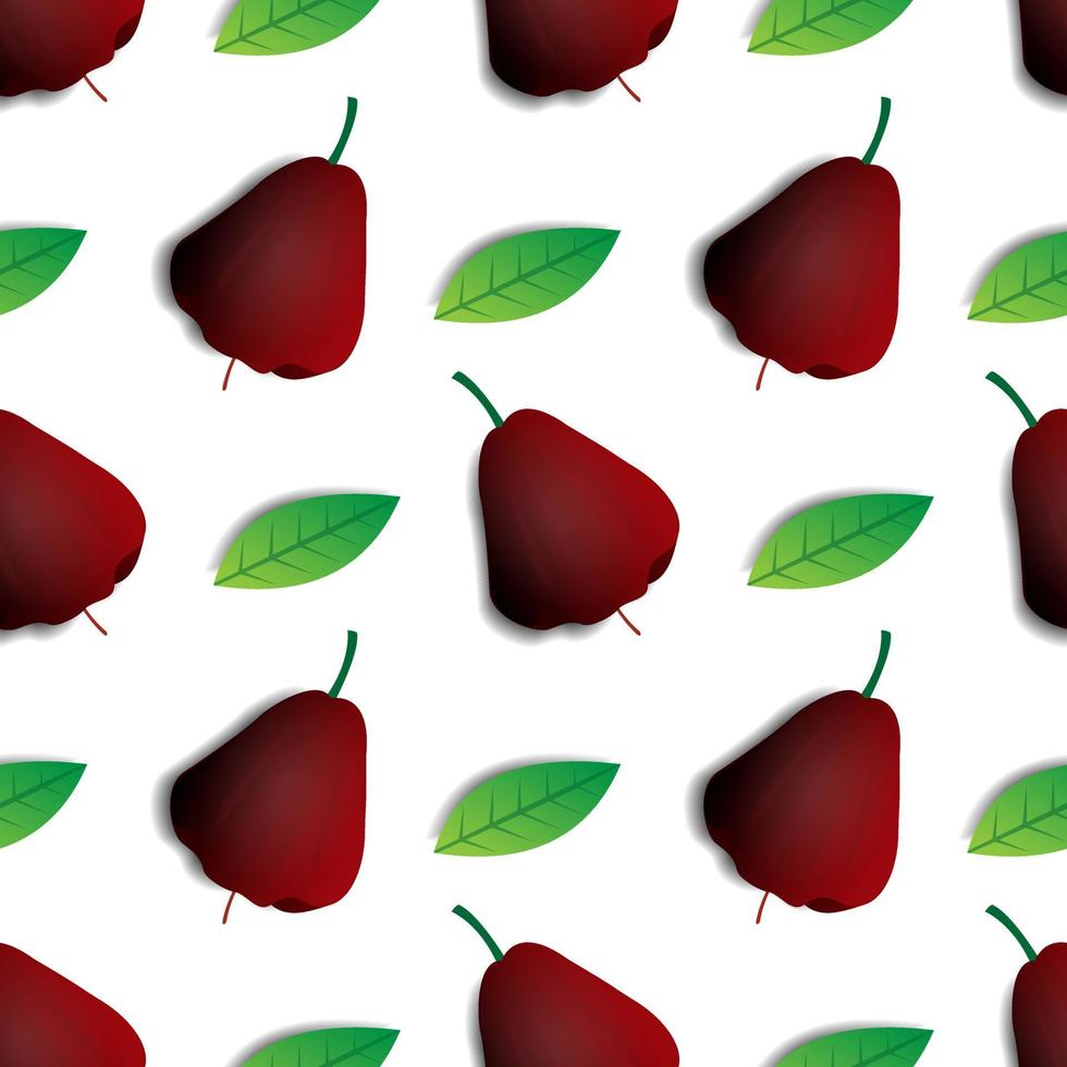 Seamless pattern design of red water guava fruit and green leaves on white background. modern fruit tree wallpapers and print ready on fabric. natural vector. vector