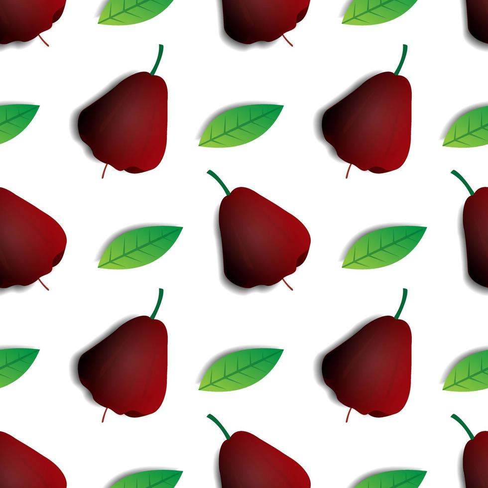 Diseño de patrones sin fisuras de fruta de guayaba de agua roja y hojas verdes sobre fondo blanco. papeles pintados modernos de árboles frutales y listos para imprimir en tela. vector natural.