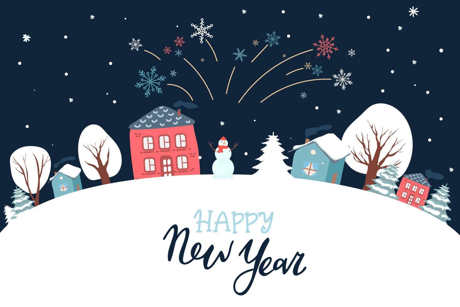 New year Christmas winter landscape background with snowman. Vector illustration. greeting card. Winter. Cute vector illustration of Christmas, New Year winter landscape with houses, trees fireworks