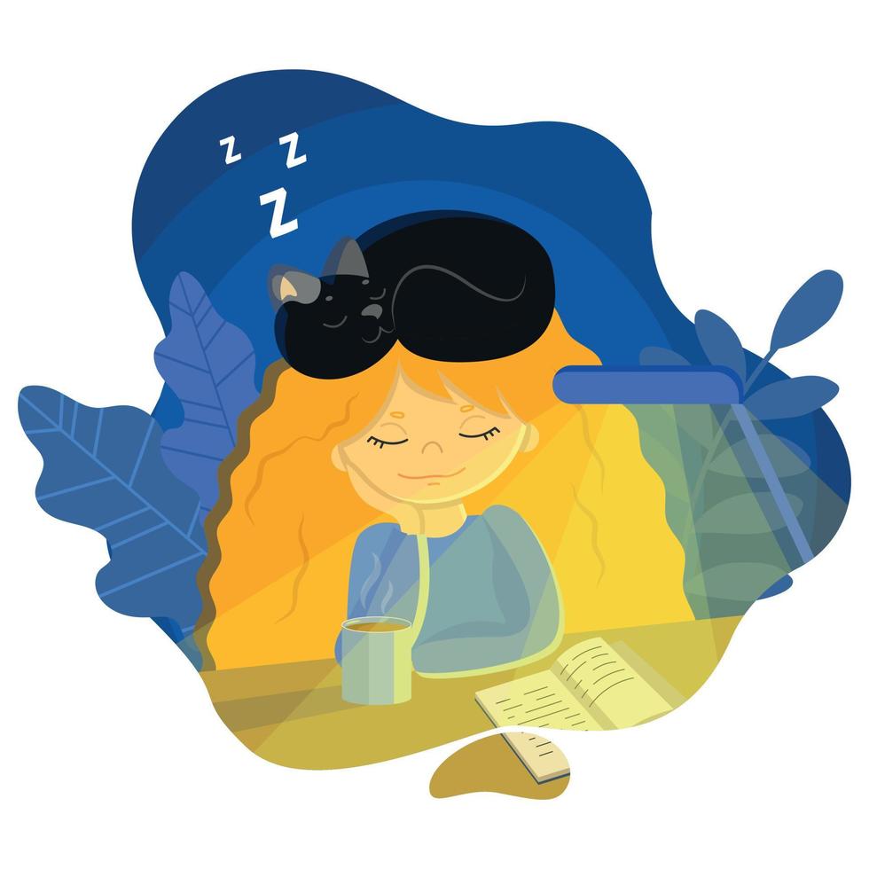 Vector illustration a young girl was reading a book and fell asleep with her favorite black cat on her head