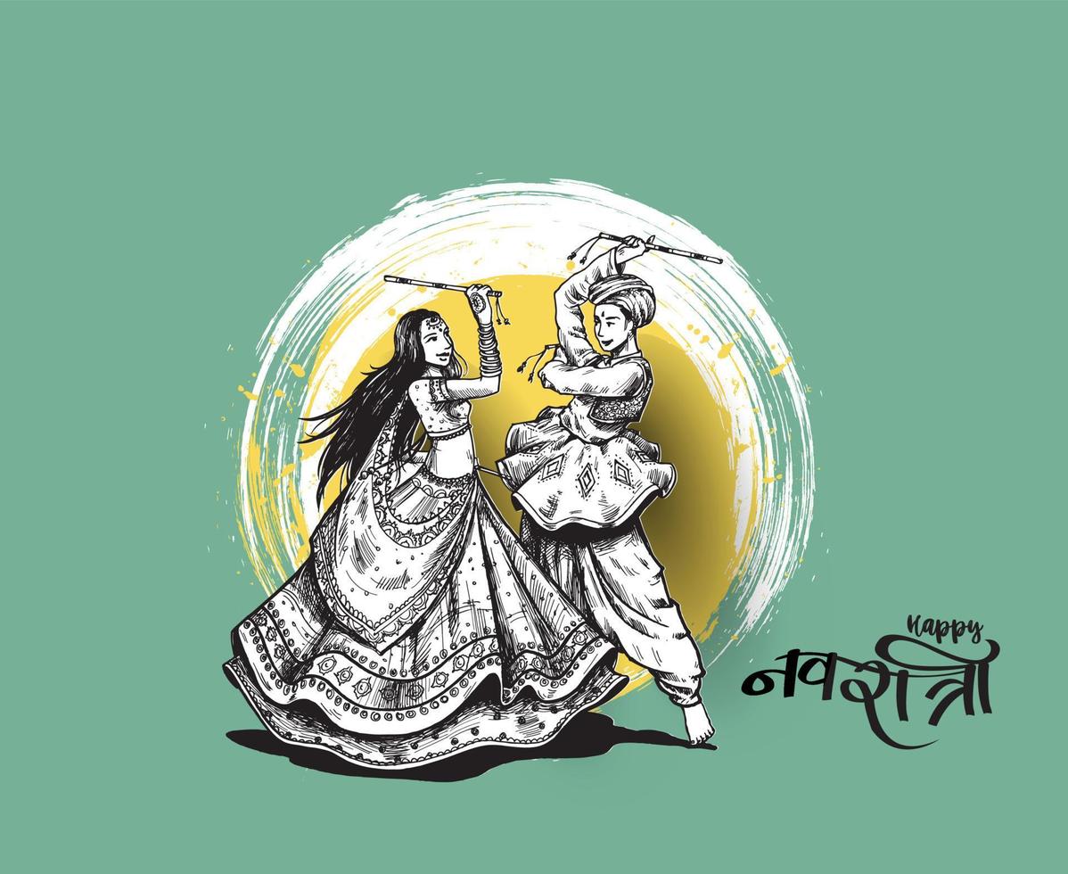 Celebre el festival navratri con vector de diseño de mujer de hombre de garba bailando, ilustración de vector dibujado a mano.