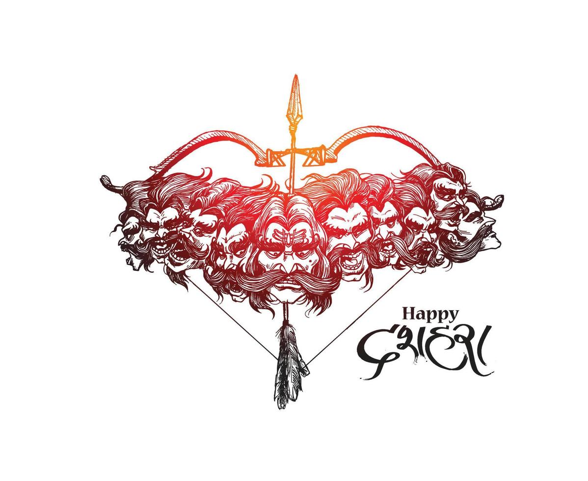 Dussehra Celebration - Ravana ten Heads with Bow and Arrow, Hand Drawn Sketch Vector illustration.