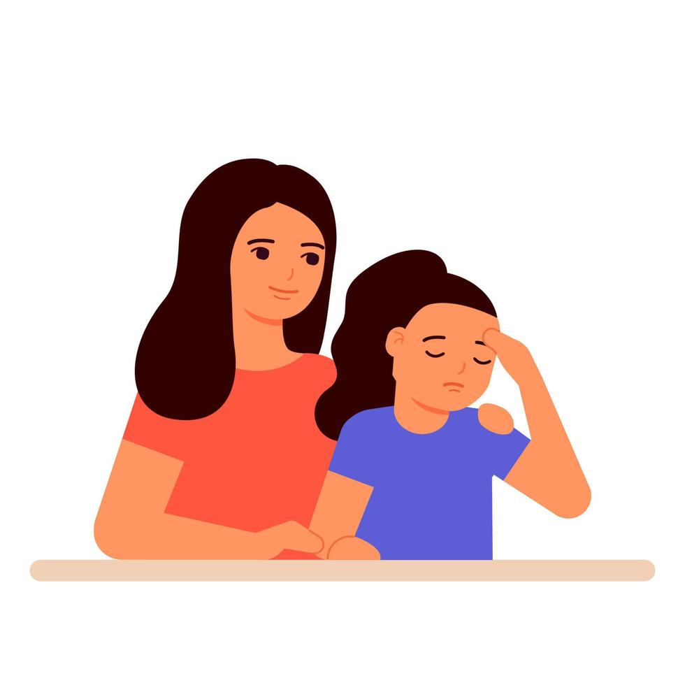 La madre apoya y comprende a la niña triste del niño, ayuda en la familia. abrazar, amar y cuidar a mamá e hija. ilustración vectorial vector