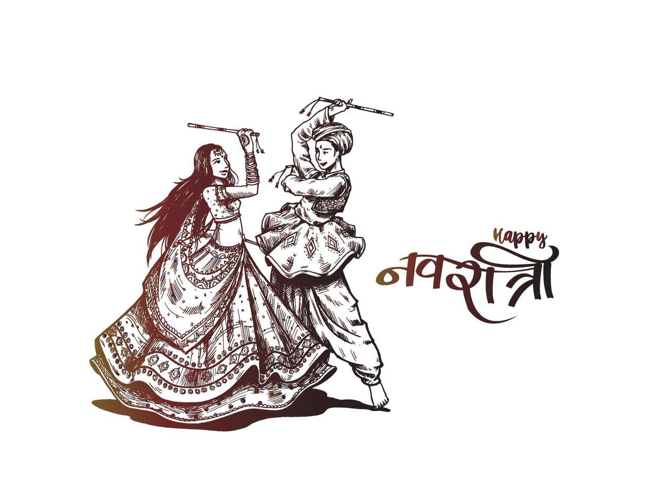 Celebre el festival navratri con vector de diseño de mujer de hombre de garba bailando, ilustración de vector dibujado a mano.