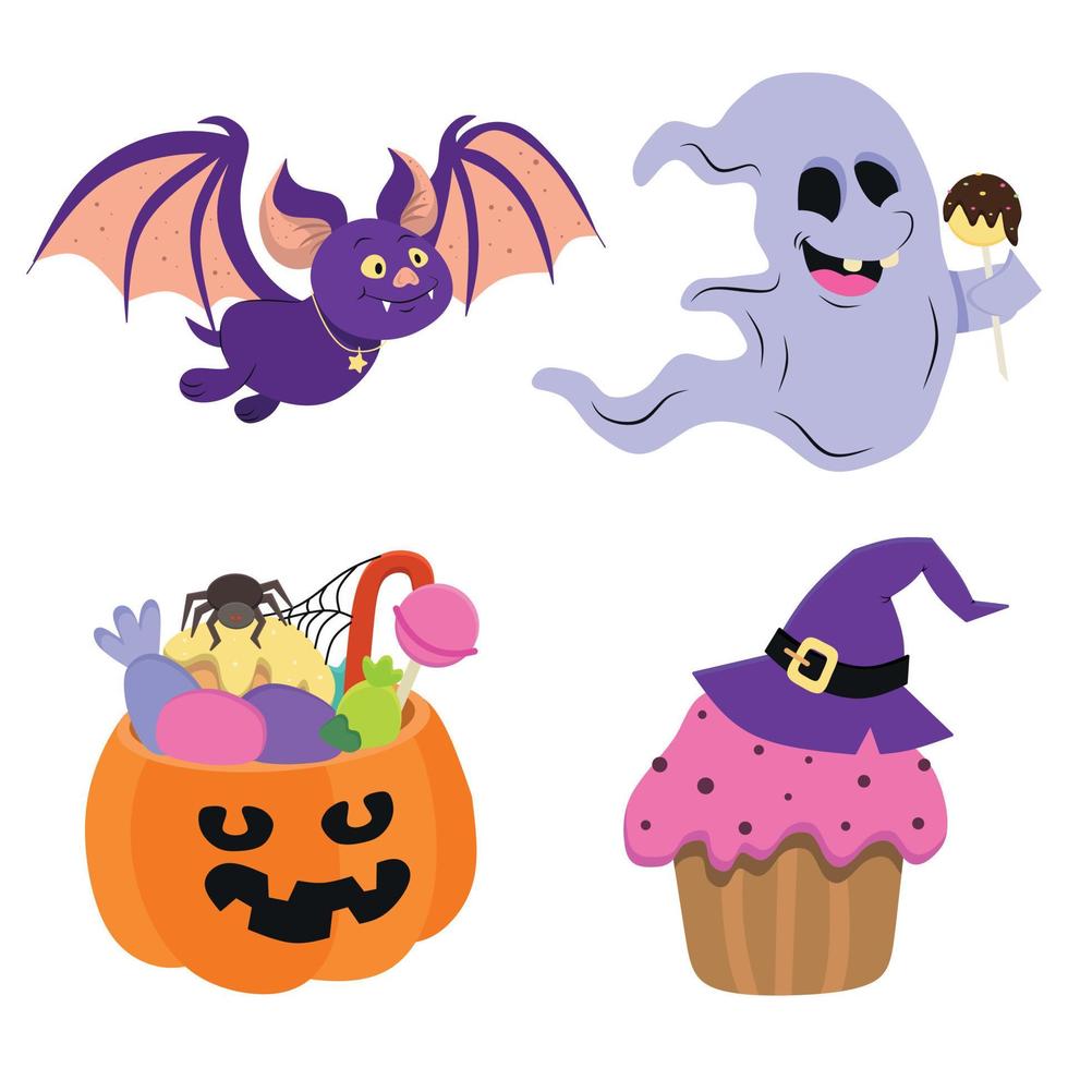 un conjunto de ilustraciones vectoriales de un murciélago divertido y un fantasma con un caramelo de halloween vector