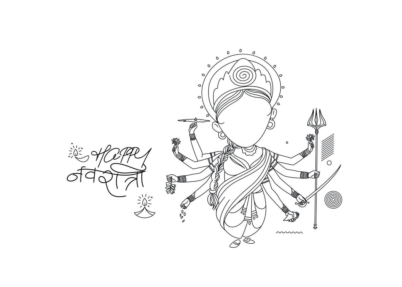 Happy Durga Puja Background Goddess Durga Hand Stylish hindi text for Hindu Festival Shubh Navratri or Durga Pooja, Hand Drawn line art Vector illustration.