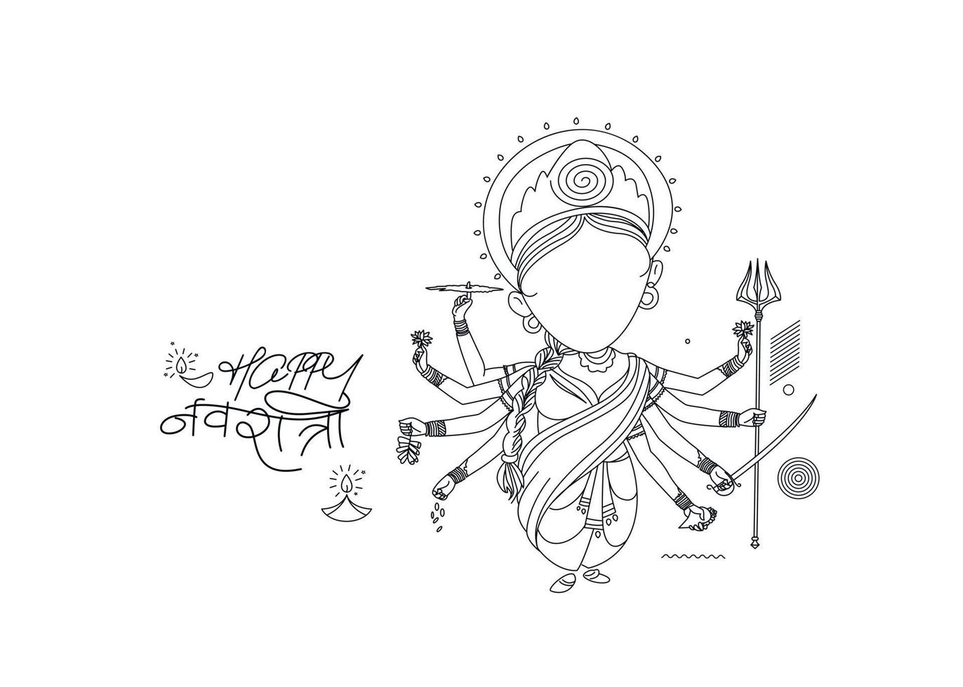 feliz durga puja fondo diosa durga mano elegante texto hindi para festival hindú shubh navratri o durga pooja, ilustración de vector de arte lineal dibujado a mano.