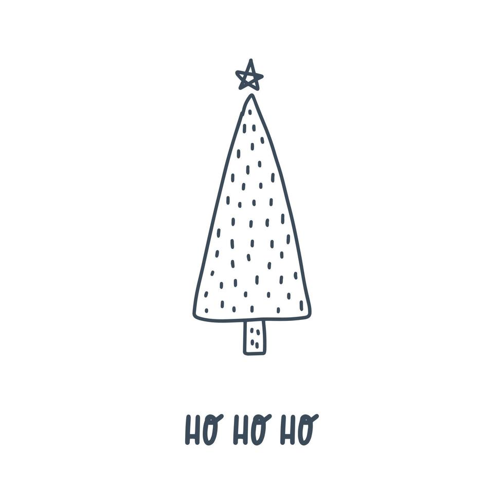 Christmas and New Year symbols tree and text - ho ho ho. Scandinavian hand drawn style. Design element. vector