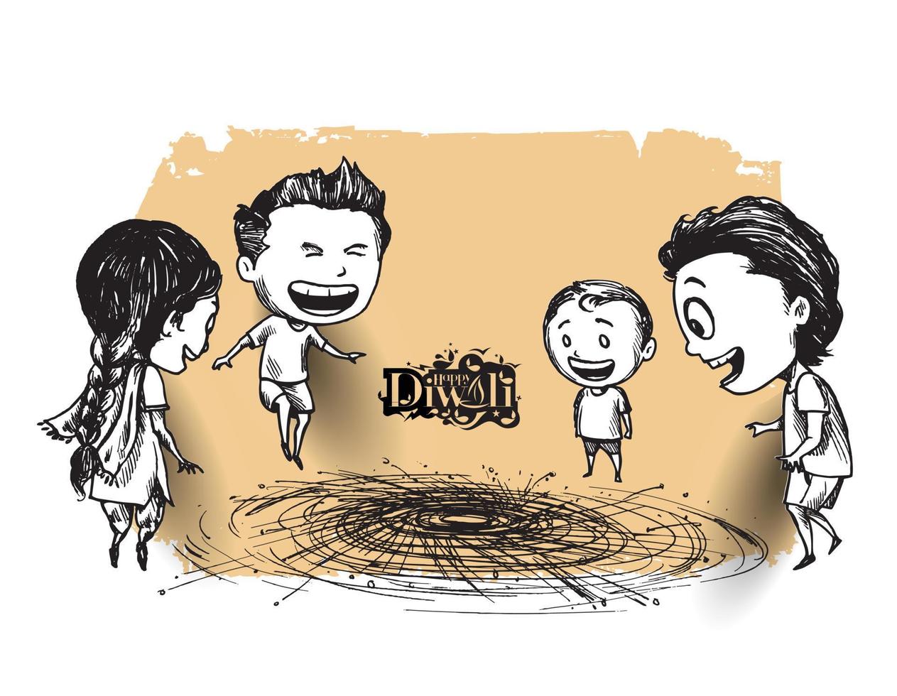 Cute indian kids enjoying firecracker celebrating Happy Diwali, Hand Drawn Sketch Vector illustration.