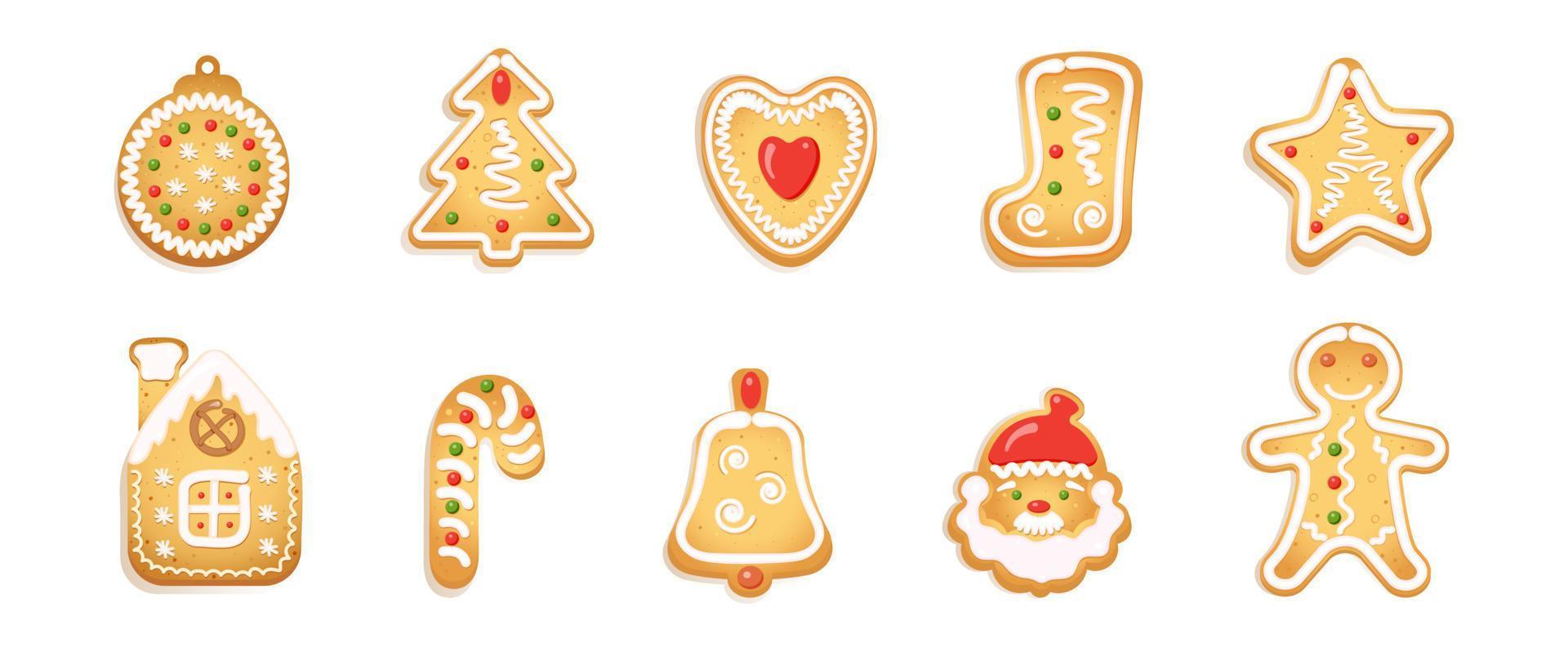 conjunto de galletas navideñas de pan de jengibre decoradas con glaseado de azúcar. vector