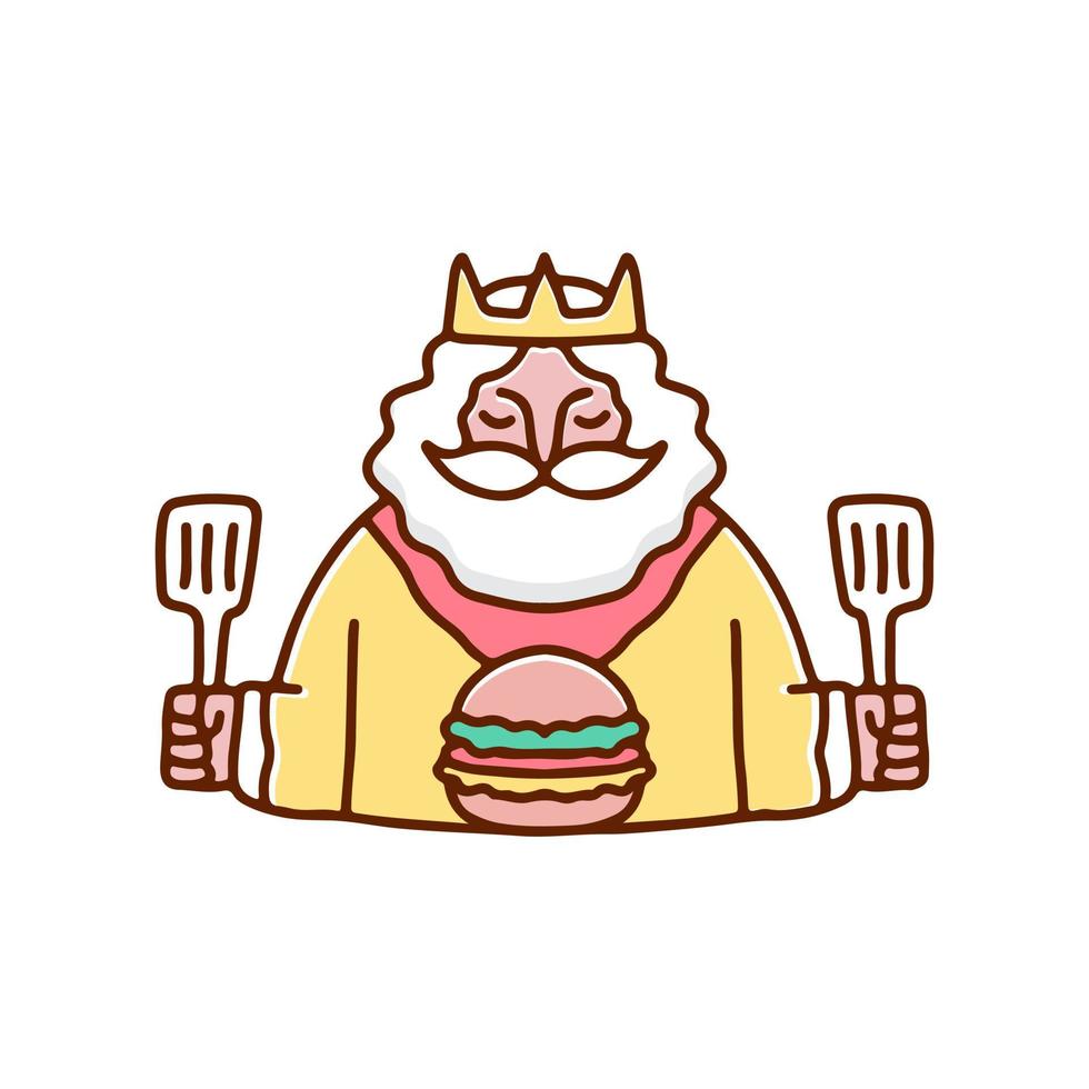viejo rey con espátula y hamburguesa ilustración. gráficos de dibujos animados para estampados de camisetas y otros usos. vector