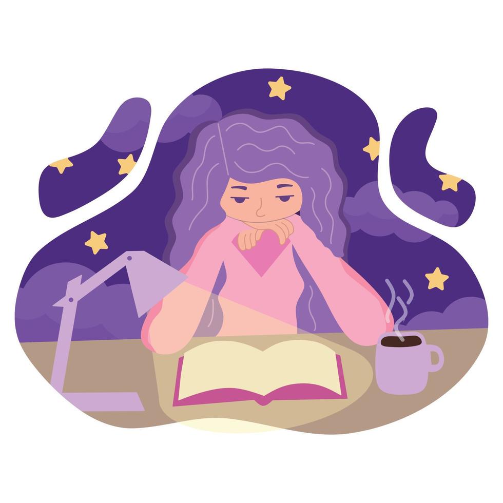 Vector illustration of a young girl reading a book carefully at night under the light of a lamp