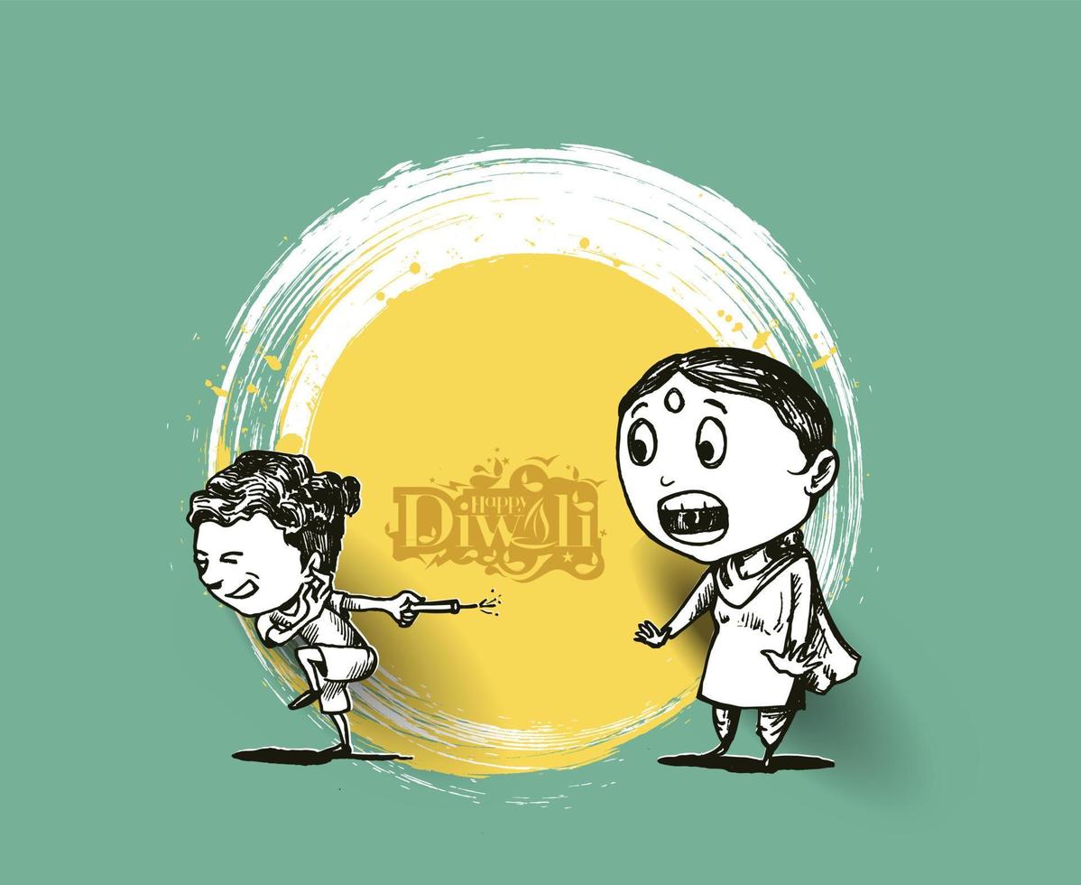 Kids enjoying firecracker celebrating Happy Diwali Creative Sketch Background Vector illustration.