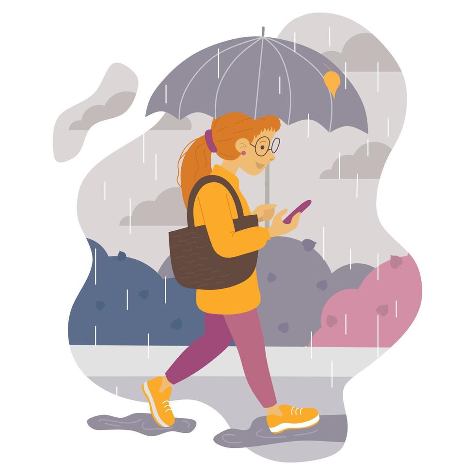 Vector illustration of a student girl with red hair walking with an umbrella in the rain and looking at her phone