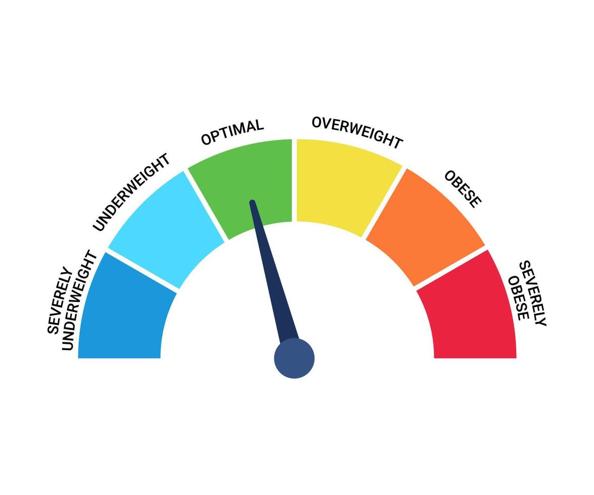 Bmi categories chart, body mass index and scale mass people. Severely underweight, underweight, optimal, overweight, obese, severely obese graph control health. Vector illustration