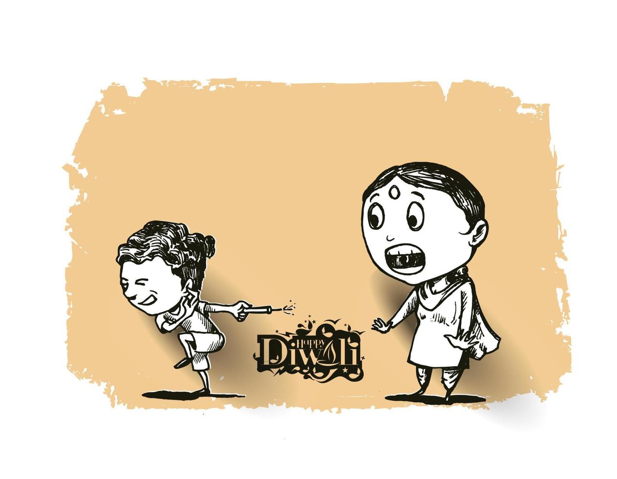 Cute indian kids enjoying firecracker celebrating Happy Diwali, Hand Drawn Sketch Vector illustration.