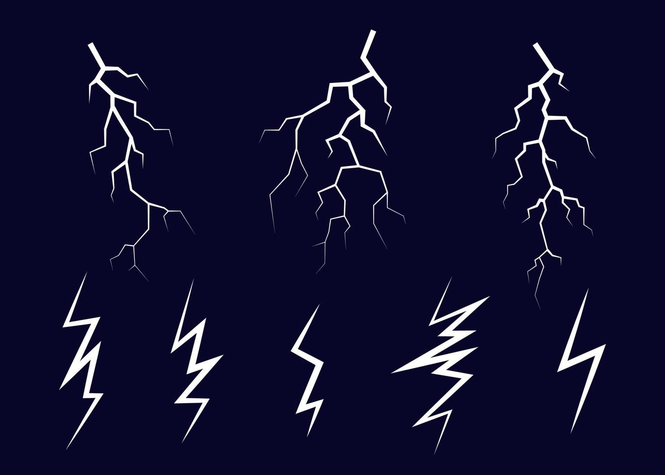 Lightning, electrostatic discharge during thunder bolt, different white line on black sky. Collection of natural phenomena of lightning or thunder. Vector illustration