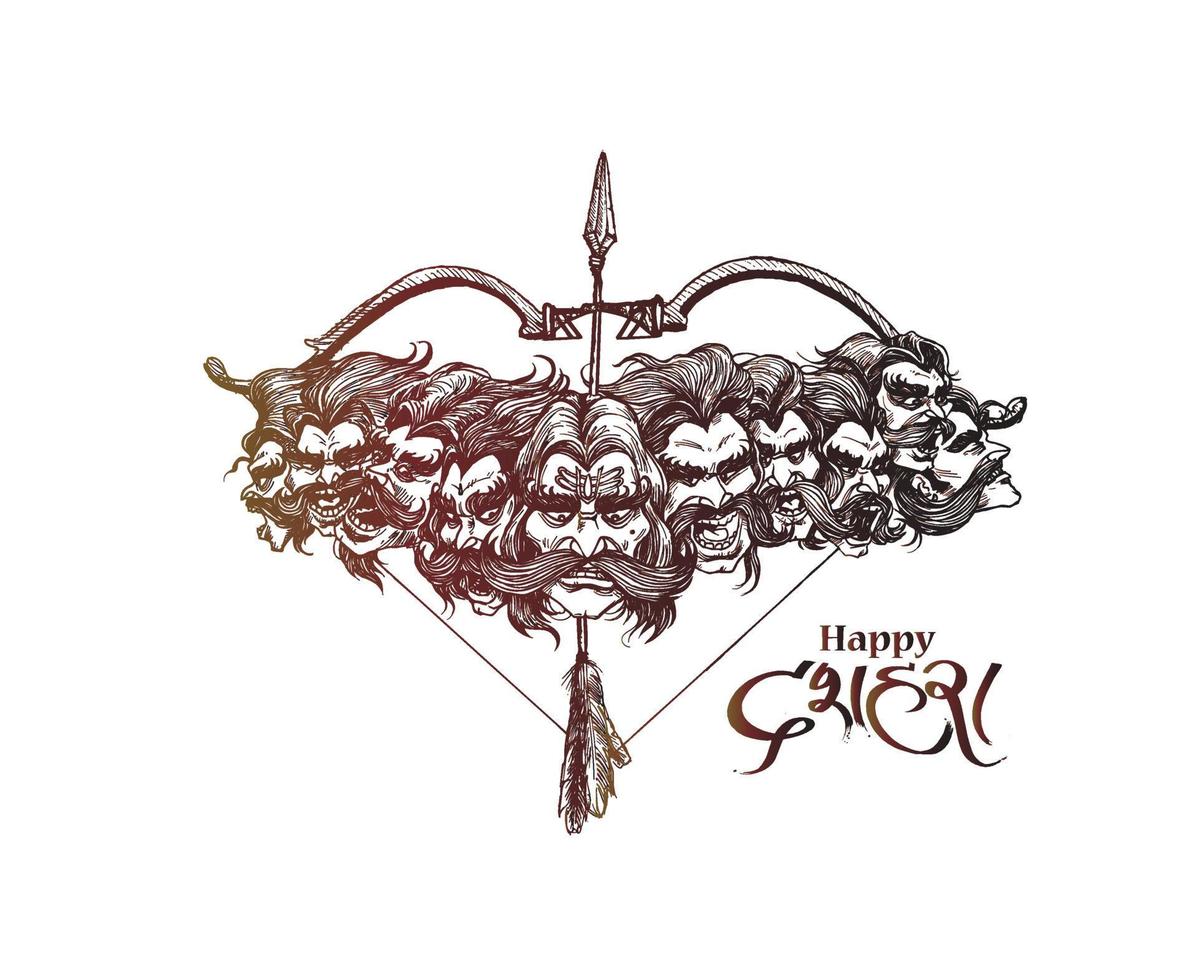 Dussehra Celebration - Ravana ten Heads with Bow and Arrow, Hand Drawn Sketch Vector illustration.