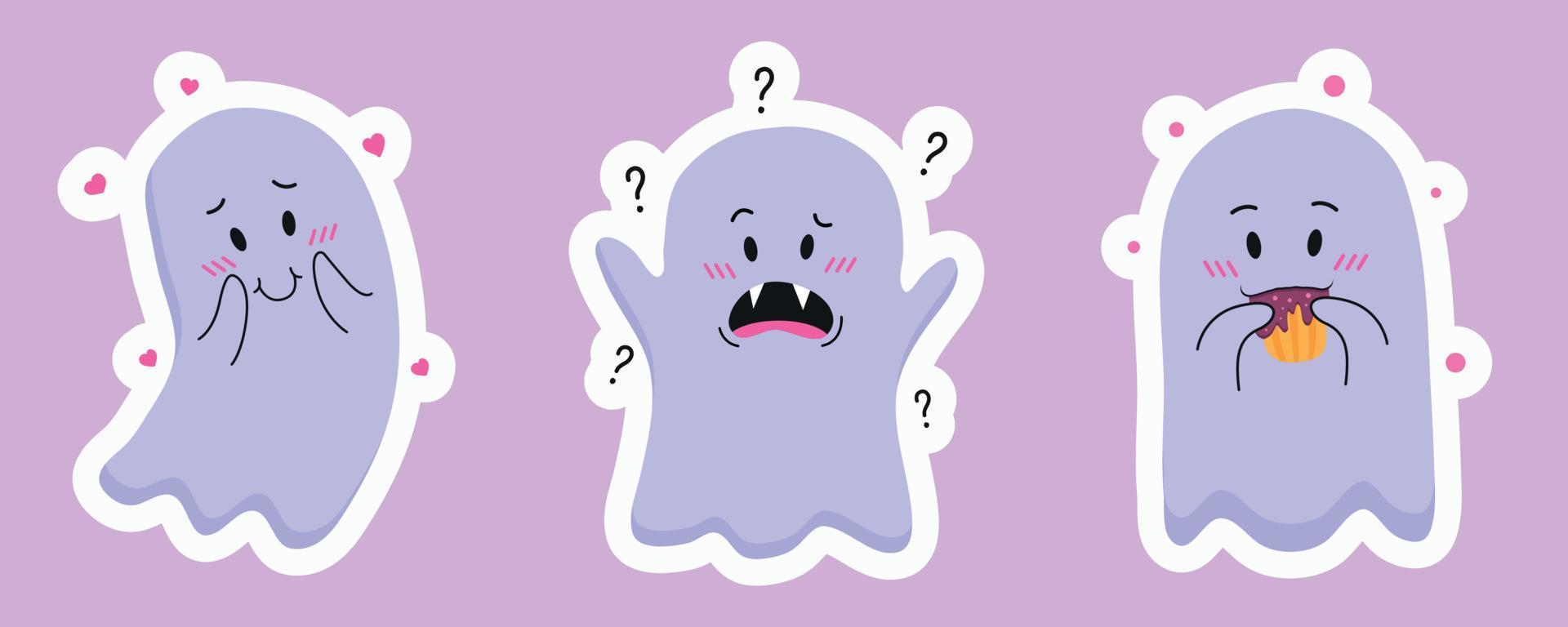 A set of stickers in the form of cute ghosts for Halloween day. vector