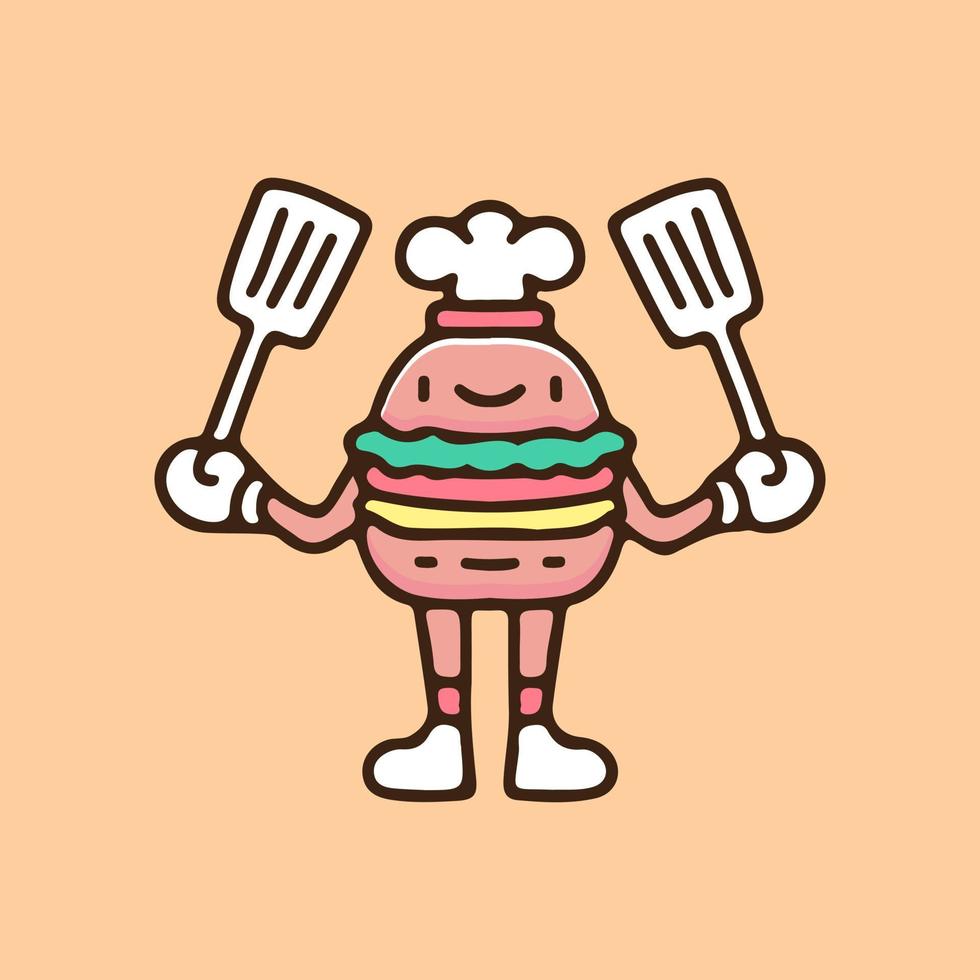 Mascot burger with chef hat and holding spatula illustration. Vector graphics for t-shirt prints and other