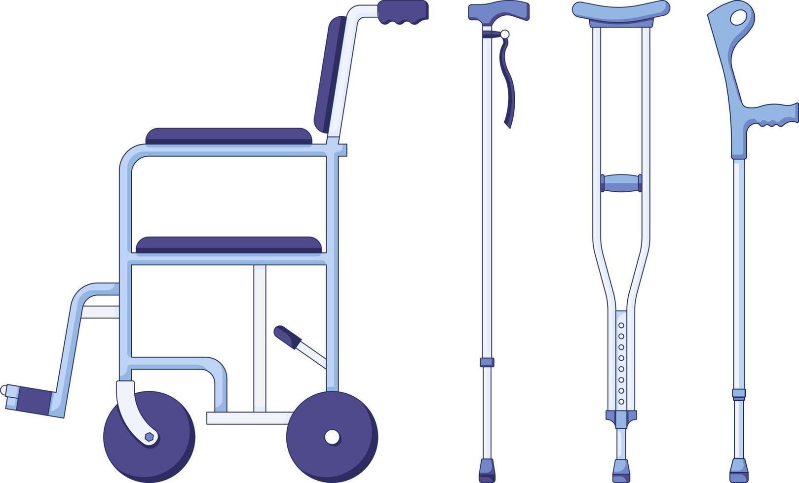 Crutches and wheel chair icon set. Vector illustration of pair metal crutches and medical walking sticks for rehabilitation of broken leg in a flat style isolated on a white background.