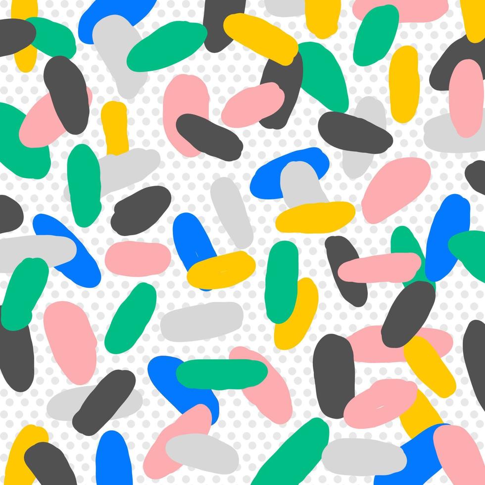 Abstract hand drawn colorful ink brush elements pattern on polka dot background. vector