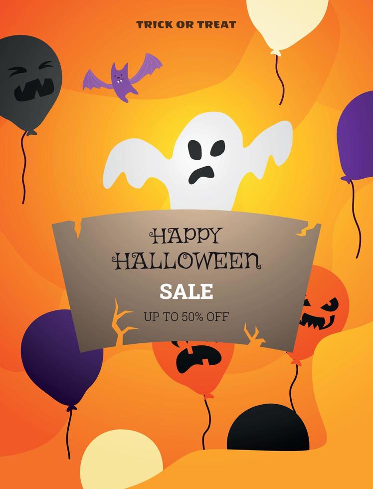 Vector banner with balloons and a ghost for a Halloween sale
