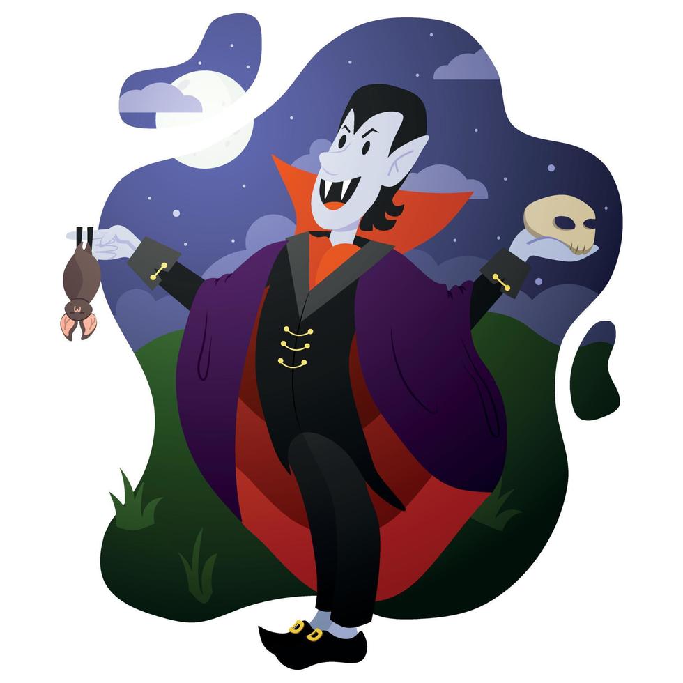 A happy vampire with a bat and a skull in his hands celebrates the Halloween holiday vector