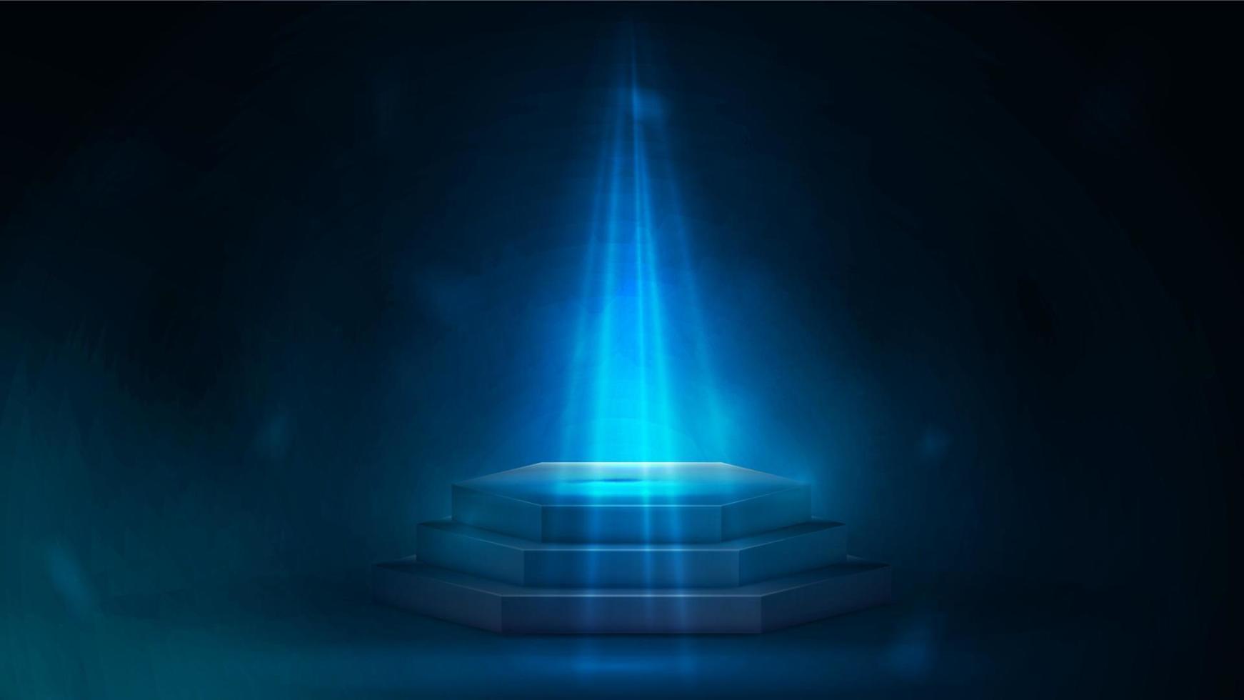 Empty blue blue hexagon podium for product presentation on background in empty room. Blue digital neon podium vector