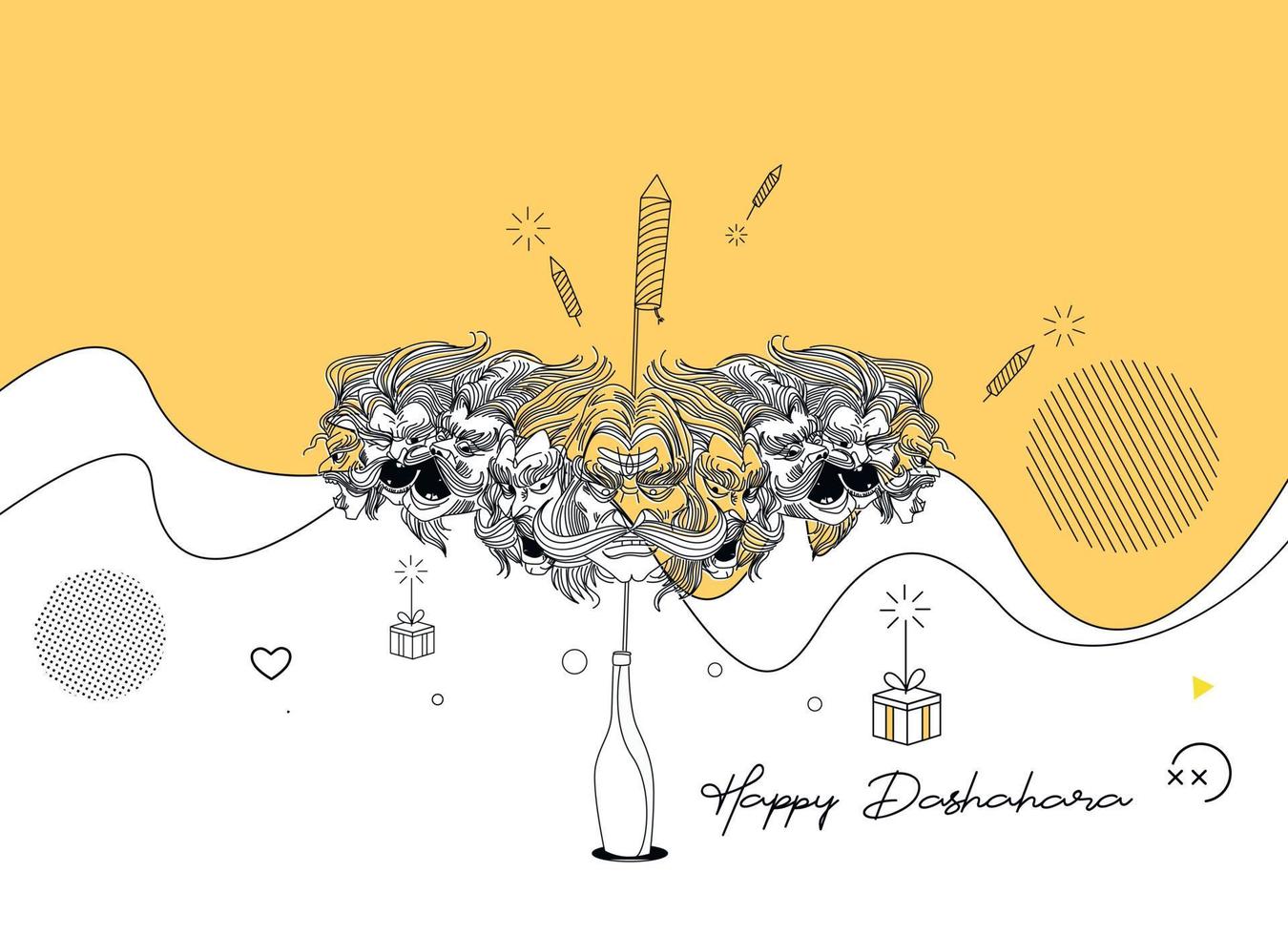 Abstract Rocket firecrackers in a pot with Ravana ten heads with text Happy Dussehra - Poster Banner Vector Design.