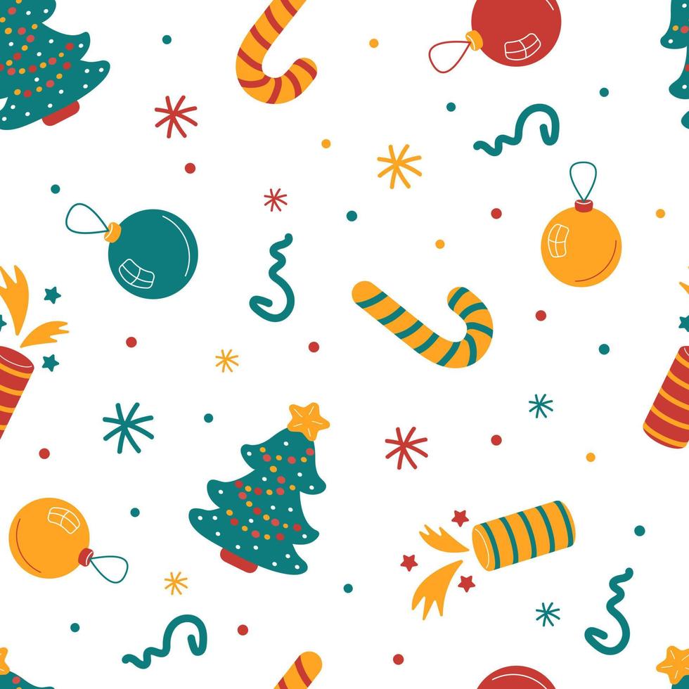 Seamless Christmas pattern with festive trees, decorations, sweets. vector