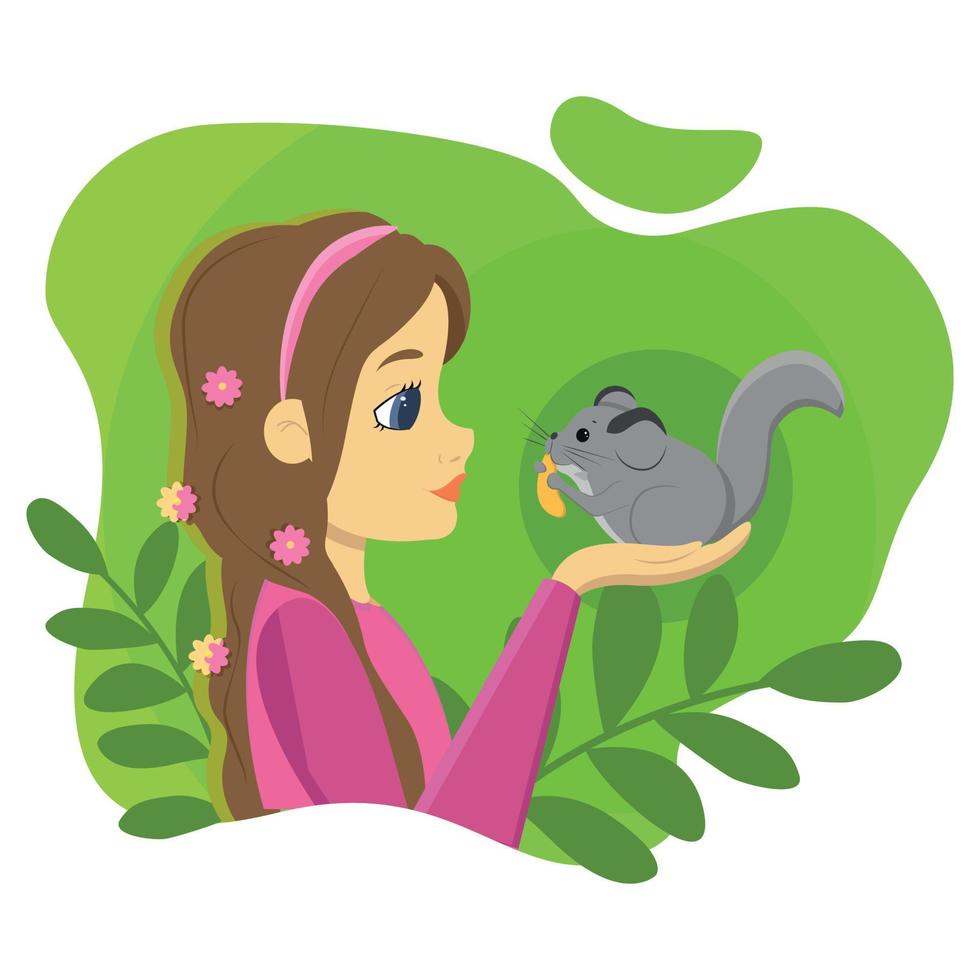 Vector illustration of a girl with pigtails holding a fluffy chinchilla on her palms