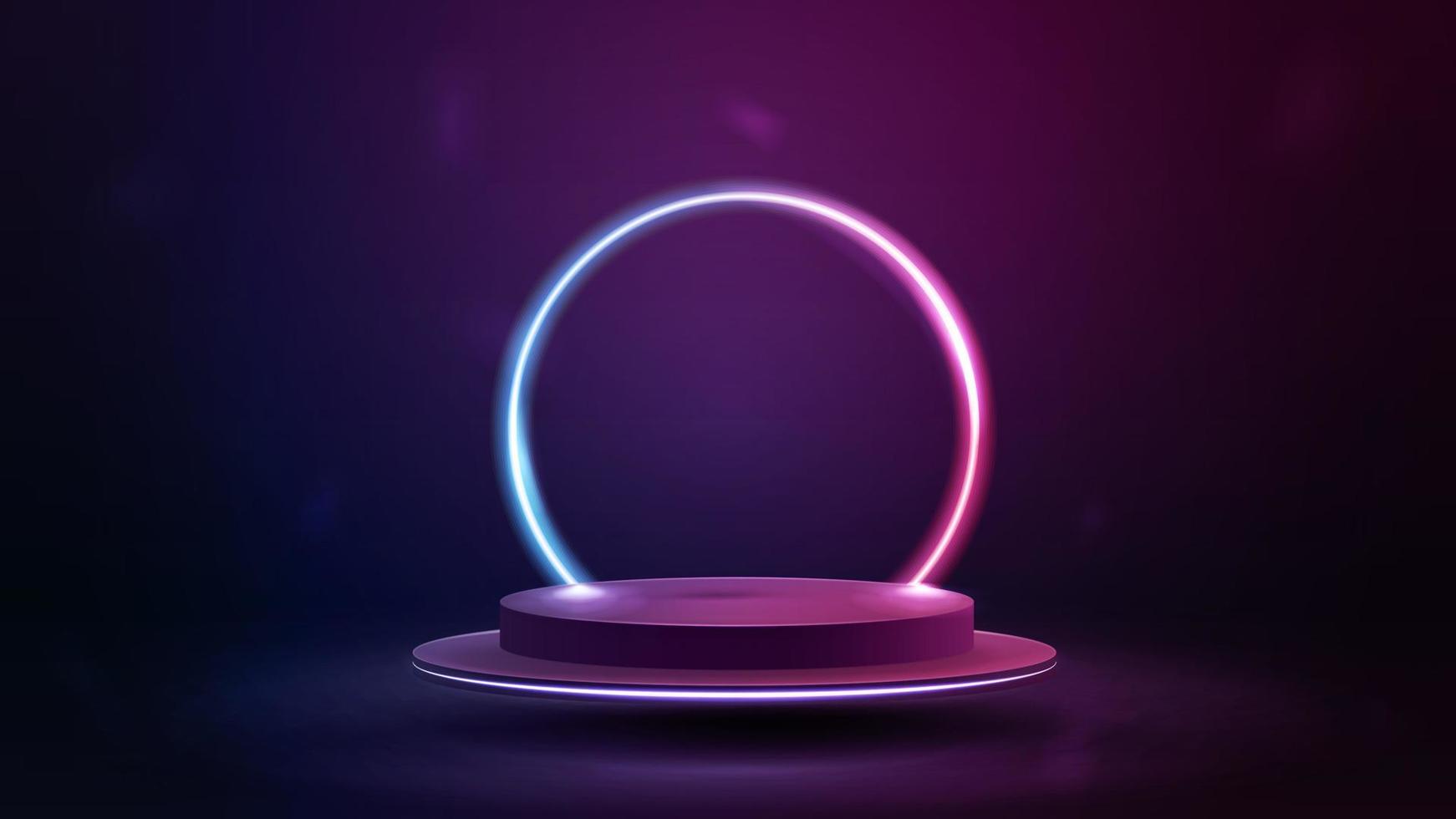 Empty podium floating in the air with line gradient neon ring on background. illustration with abstract scene with pink and blue neon frame vector