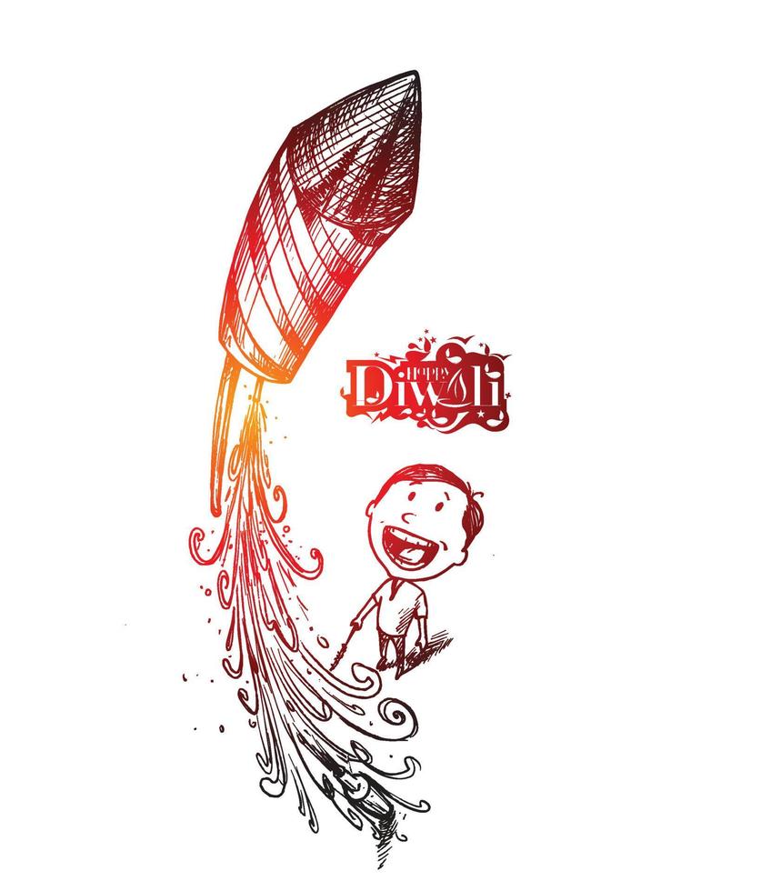 Boy Flying Rocket - Indian festival diwali celebration.- Hand Drawn Sketch, Vector Background.