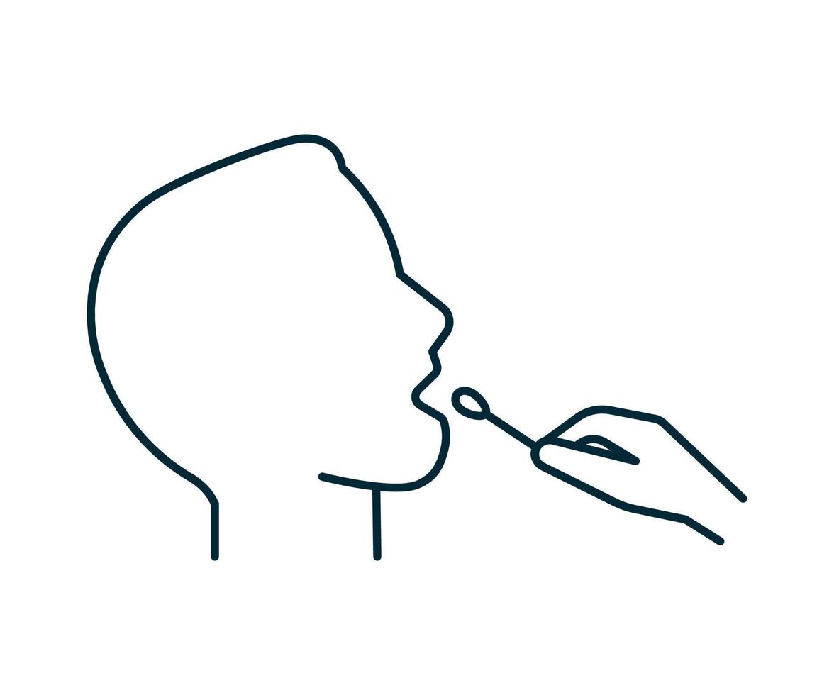Mouth pcr swab test for COVID-19, line icon. Oral probe for fast analysis on check presence covid. Face man profile and medical stick. Vector sign