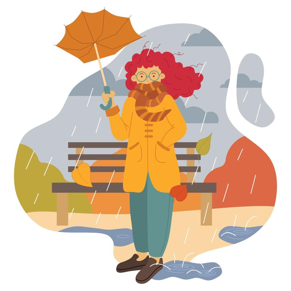 Ilustración vectorial de una niña con gafas y un paraguas roto de pie bajo la lluvia torrencial de otoño vector