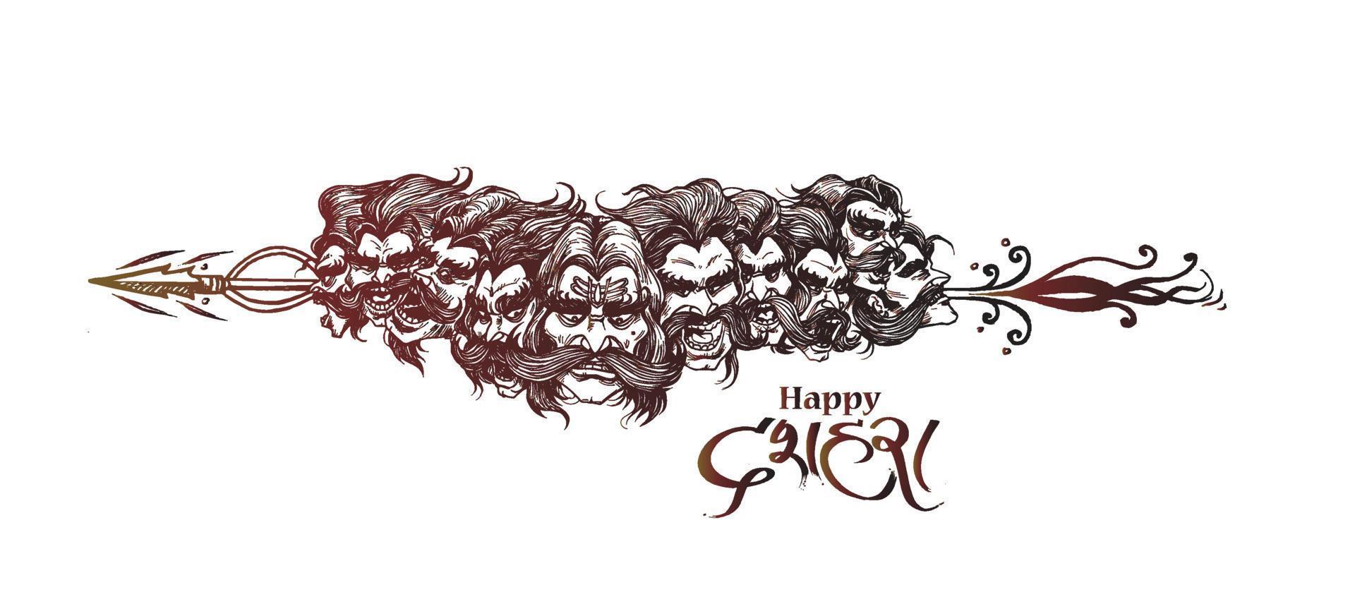 Dussehra Celebration - Ravana ten Heads, Hand Drawn Sketch Vector illustration.