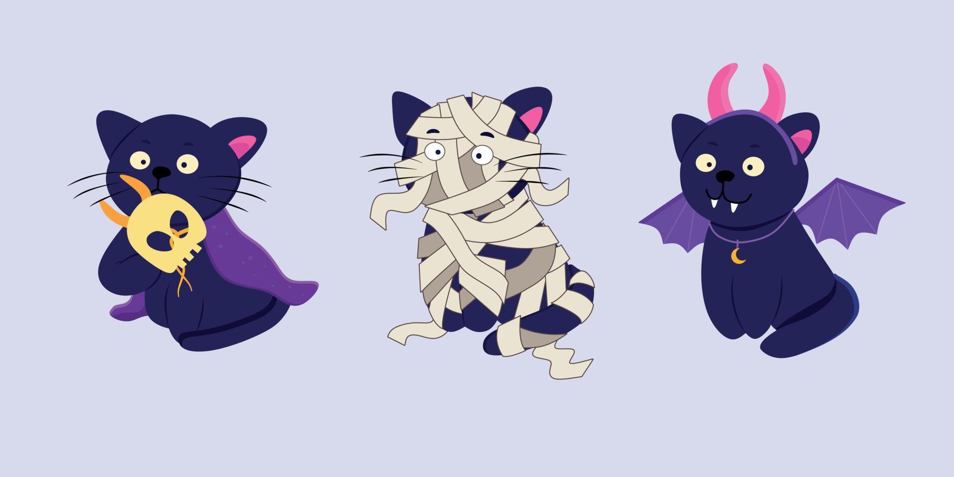 A set of vector blue cats in costumes for celebrating Halloween