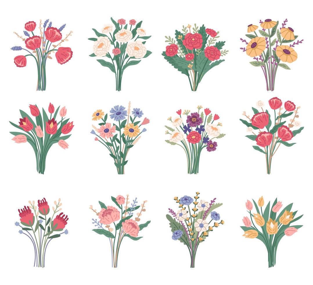 Flower bouquet. Set of bright spring blooming flowers, wildflowers vector