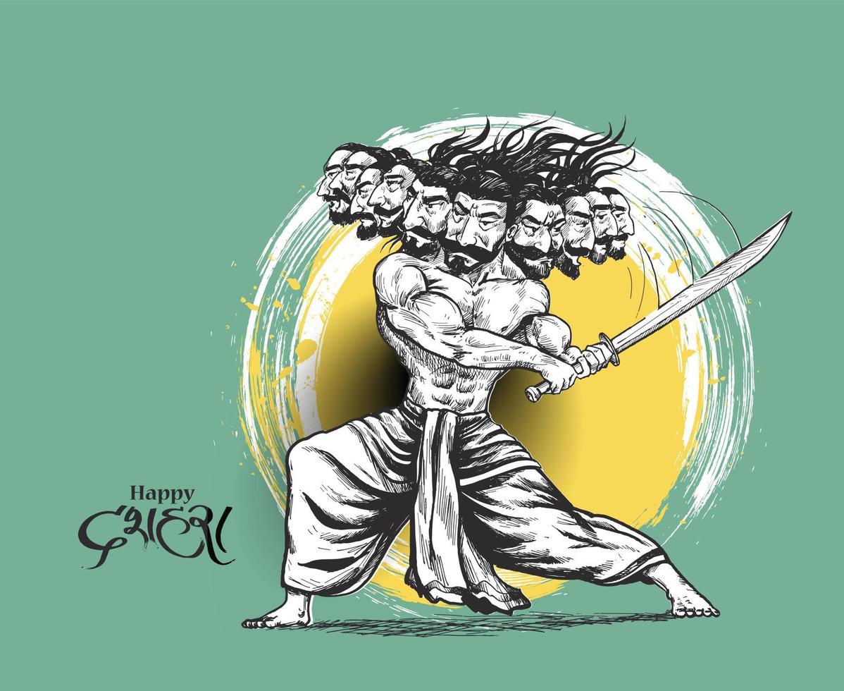 Dussehra celebration - Ravana with Sword, Hand Drawn Sketch Vector illustration.