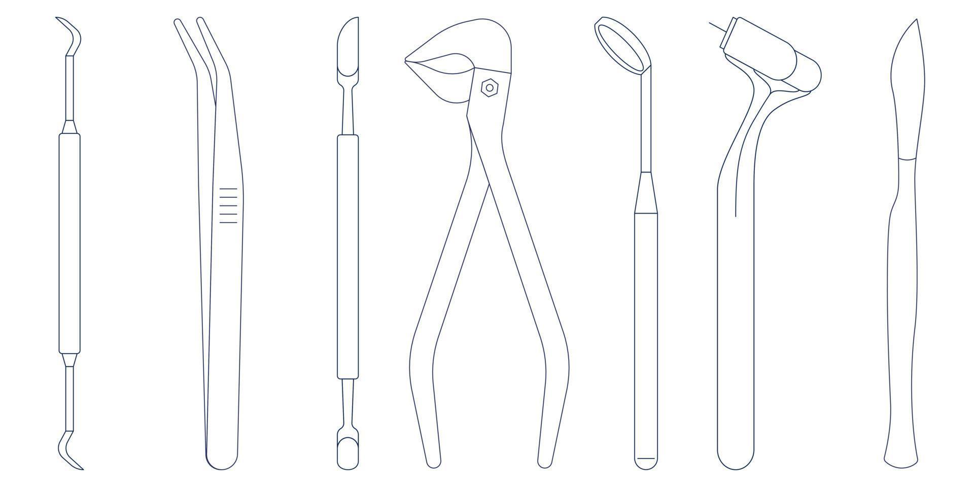 Conjunto de iconos de herramientas e instrumentos dentales. Estomatología suministra icono de vector de estilo plano aislado sobre fondo blanco.