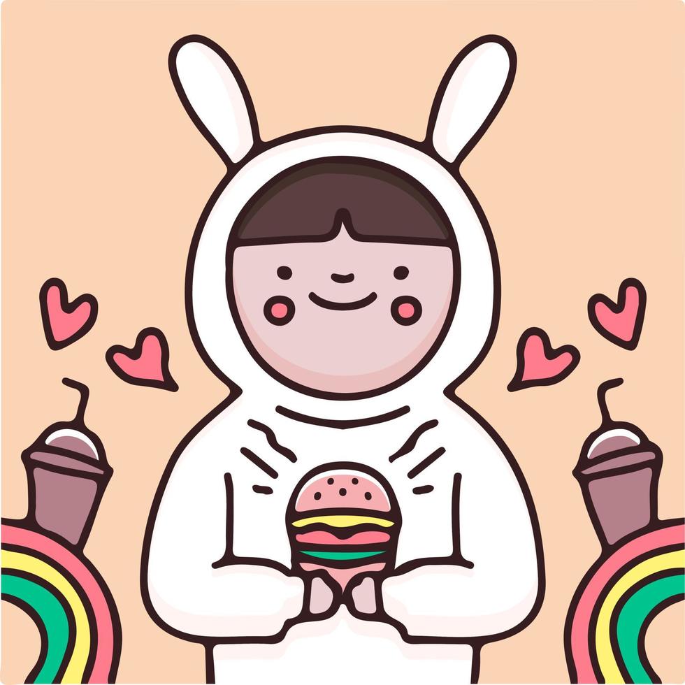 Cute kids in bunny costume holding burger illustration. Vector graphics for t-shirt prints and other uses.
